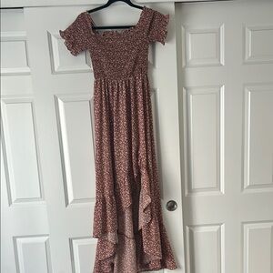 Pink Smocked Sundress with Puff Sleeves and Square Neck for Wedding Guest